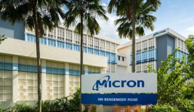 Micron headquarters with blue sign and logo on display.