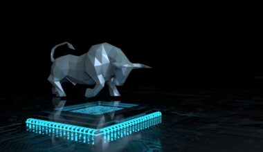A digital rendering of a bull standing on top of a computer chip.