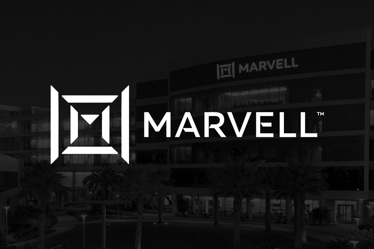 Marvell Technology logo in front of black backdrop with buildings in background.