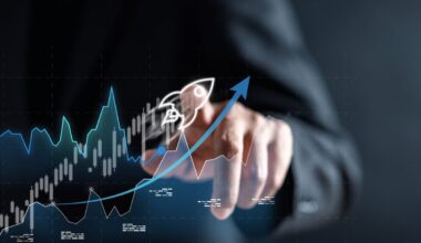 A finger pointing to a drawing of a rocket with a stock chart and a line sloping upward.