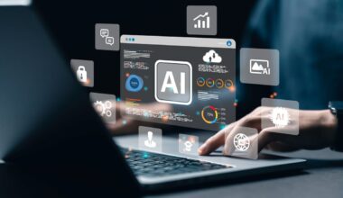 A bunch of AI holograms jump out of a laptop screen.