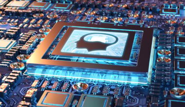 The image of a human head painted on a computer chip.