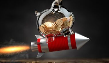 A piggy bank is hitching a ride on a rocket.