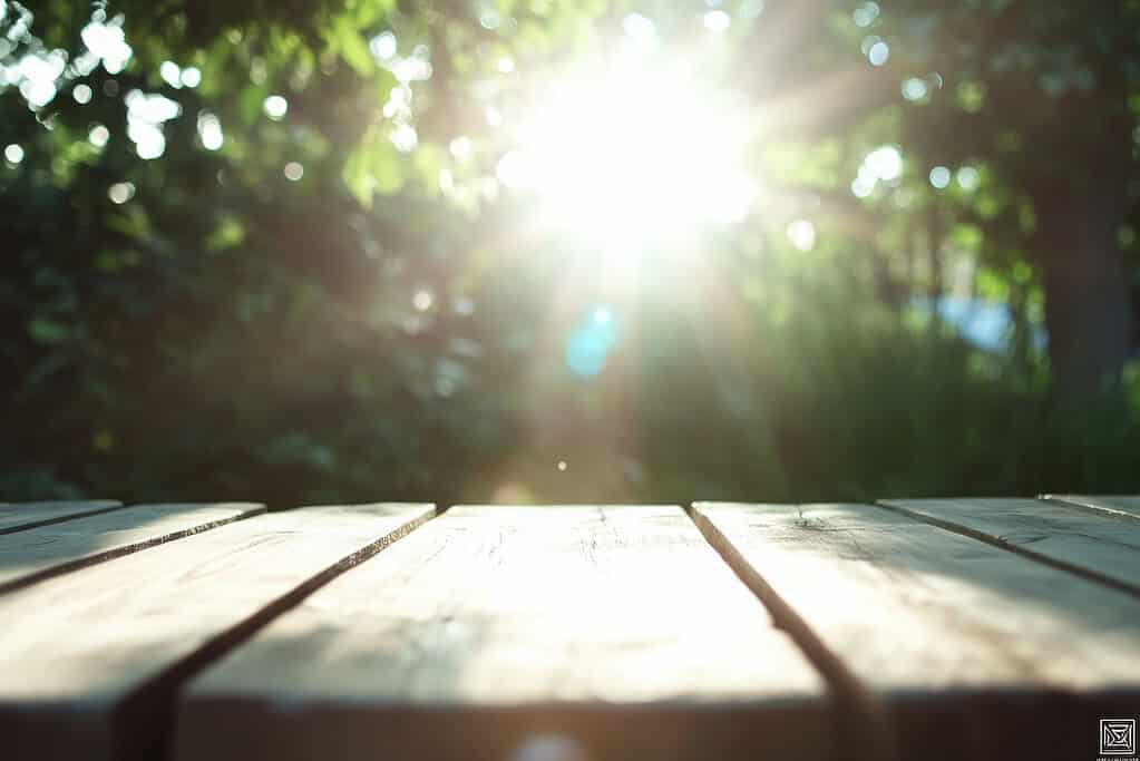 Sunlight filters through trees onto a wooden deck, creating a warm, natural scene.