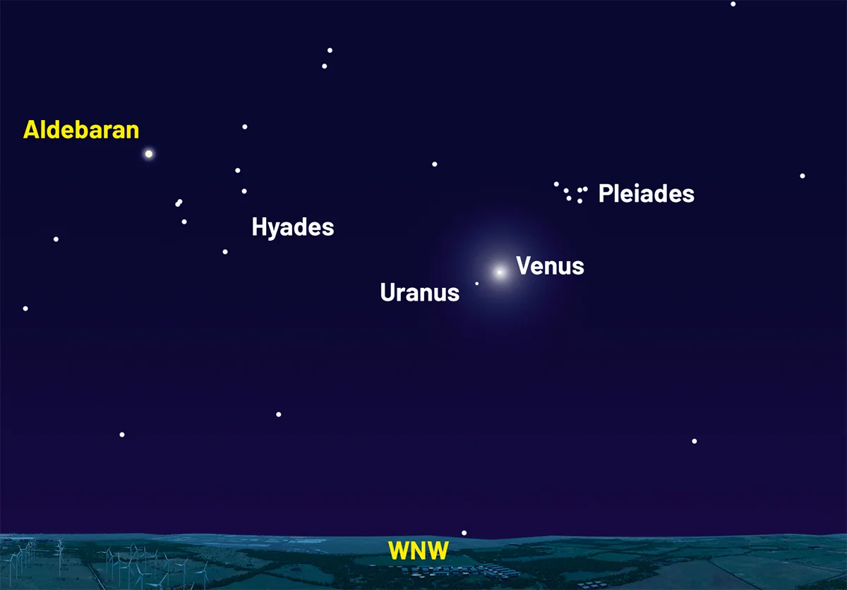 The view looking west-northwest on 23 April 2026 at 21:50 BST (20:50 UT), when Venus, Uranus and the Pleiades are close together in the night sky. Credit: Pete Lawrence