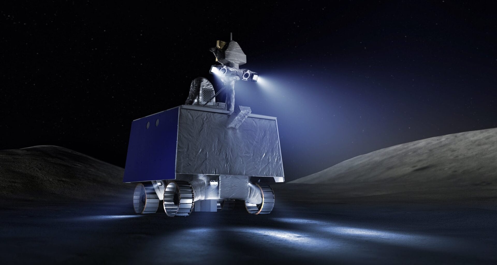 An artist’s concept of the completed design of NASA’s Volatiles Investigating Polar Exploration Rover, or VIPER. Credit: NASA