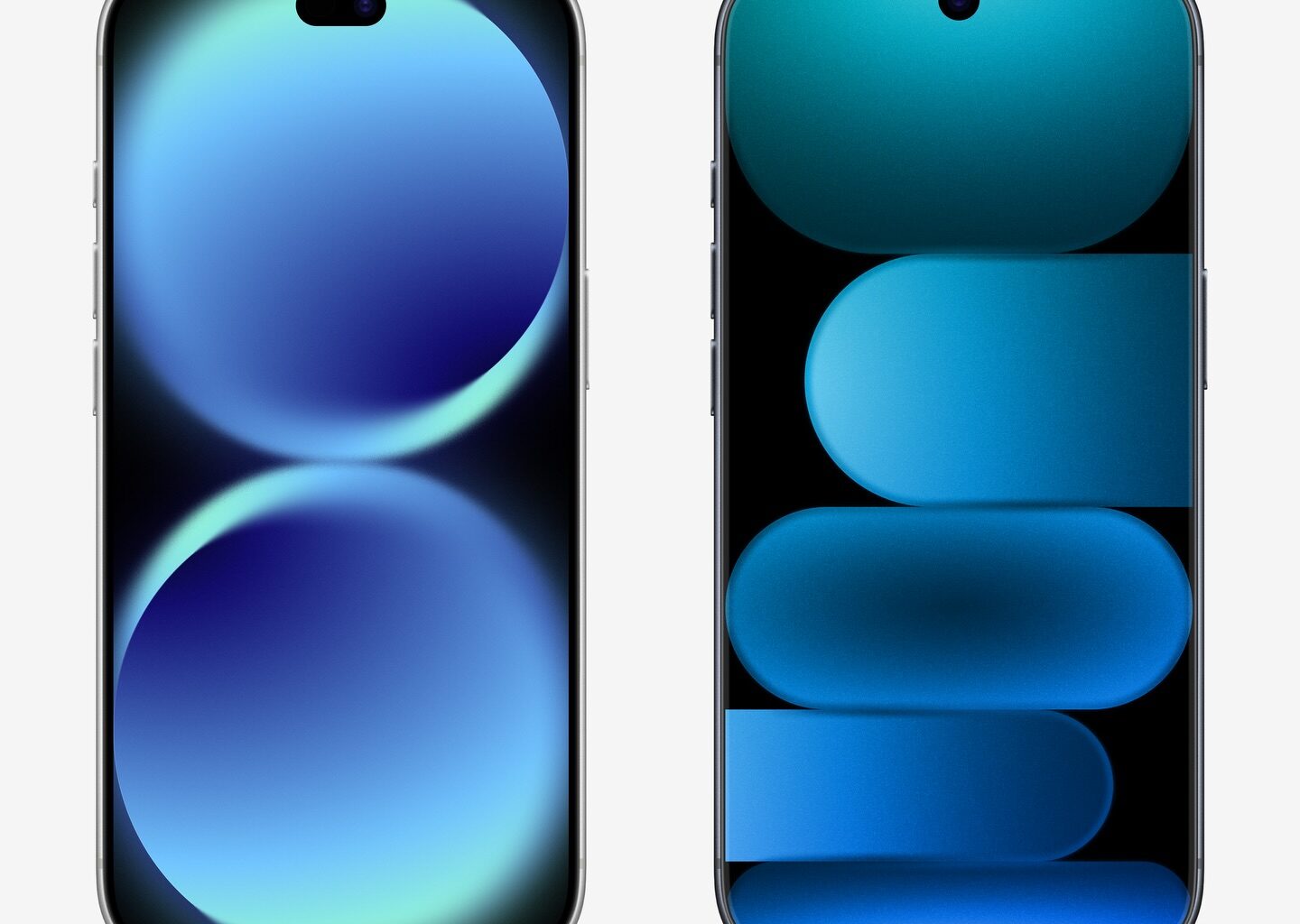 Two smartphones are shown side by side: an Apple iPhone 18 Pro labeled '2026' with a pill-shaped camera cutout, and an iPhone 20 Pro labeled '2027' with a centered hole-punch camera.