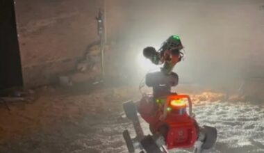 Dog-like robot with a red body and 4 legs on gravel indoors. It has a bright headlight.