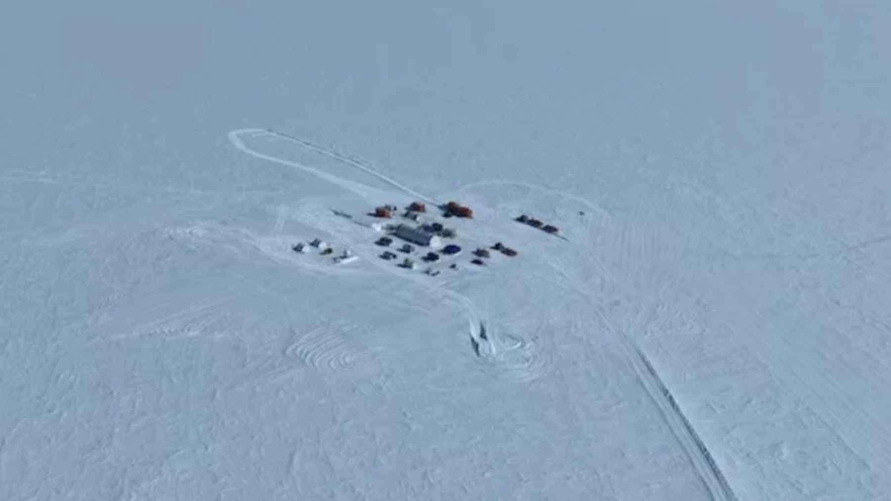Aerial view of a scientific drilling camp on the ice in West Antarctica where researchers extracted a record 228-meter rock core