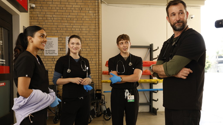 Shabana Azeez as Victoria Javadi, Isa Briones as Dr. Trinity Santos, Gerran Howell as Dr. Dennis Whitaker, and Noah Wyle as Dr. Robby in The Pitt Season 2, Episode 4