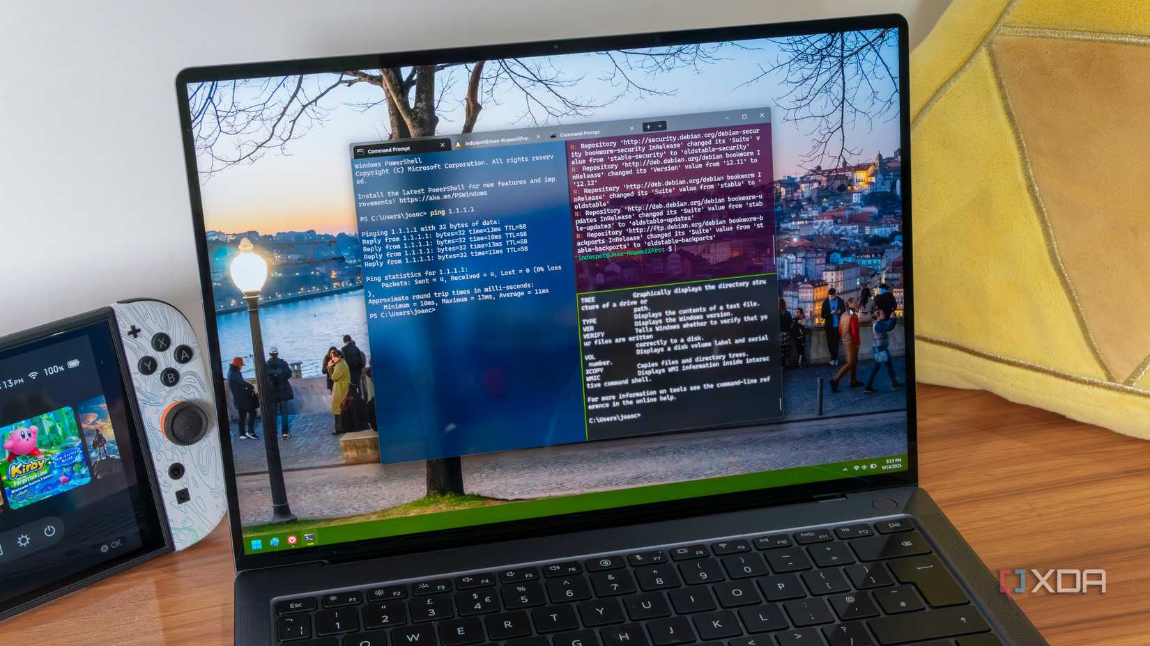 A Windows 11 laptop running Windows Terminal with multiple profiles open side by side