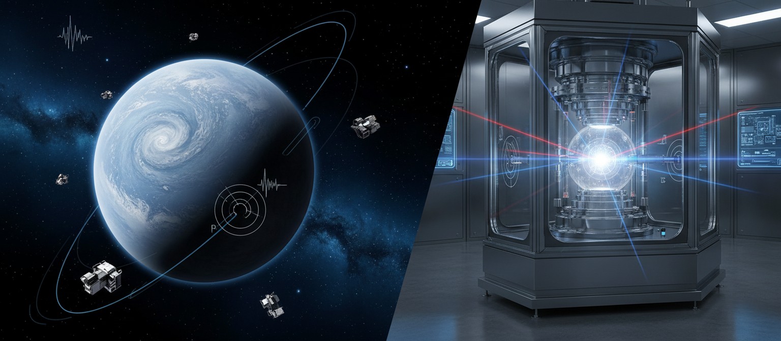 Ultrawide scene blending a distant ice giant with a sleek probe silhouette and a glowing high-pressure lab setup, symbolizing how scientists test planetary interior predictions.