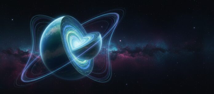 Cinematic cutaway of an ice giant with glowing helical energy pathways and distorted magnetic field lines, illustrating superionic matter and planetary magnetism.