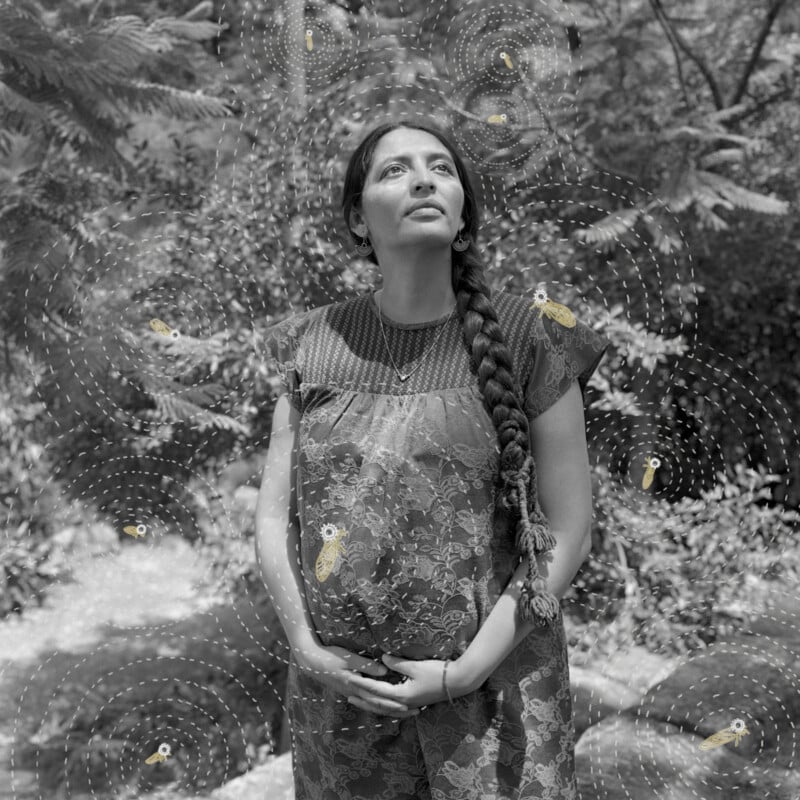 A woman with long braided hair stands outdoors, gazing upward. She cradles her pregnant belly and is surrounded by artistic dashed circles and small illustrated bees. The background features leafy trees in soft light.