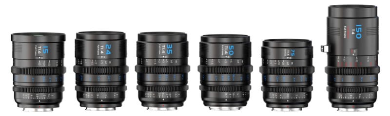 Six black camera lenses of varying sizes are arranged side by side in a row, each with blue and white markings indicating focal lengths: 15mm, 24mm, 35mm, 50mm, 85mm, and 150mm.
