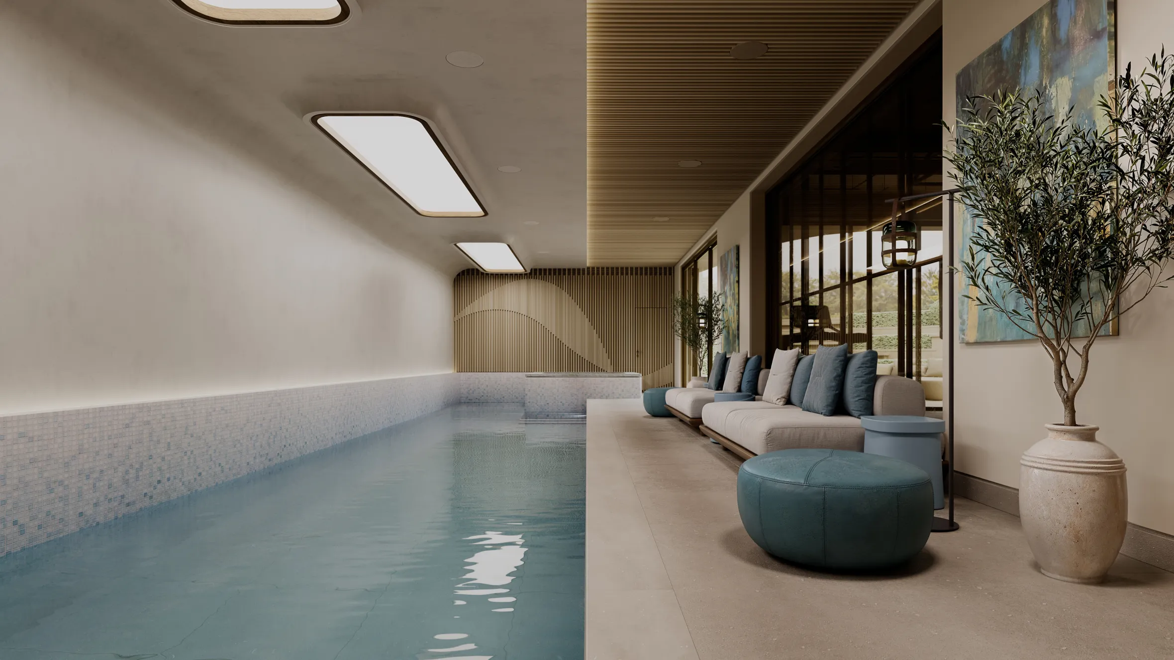 Illustration of a modern indoor pool area with lounge seating, featuring an indoor swimming pool with light blue tiles and clear water, and a seating area with light beige sofas and teal cushions and ottomans.