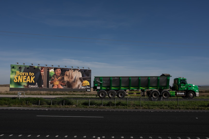 A green truck drives on a highway against a billboard of a child feeding a dog with the words "born to sneak" in big yellow font