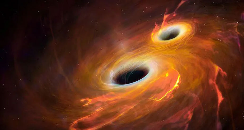 an illustration of two black holes smashing together and creating gravitational waves