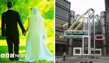 A composite image of a couple at a wedding, and a large 4 outside the offices of Channel 4.