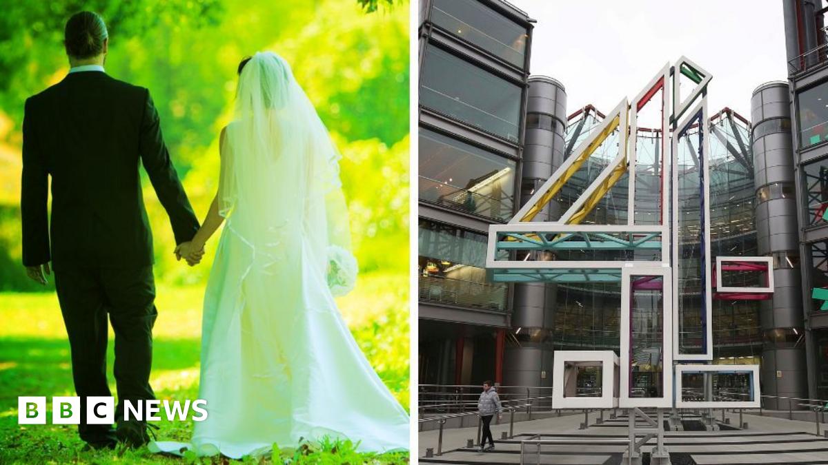 A composite image of a couple at a wedding, and a large 4 outside the offices of Channel 4.