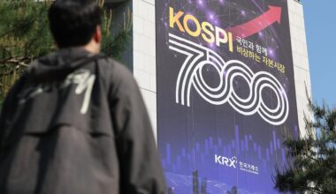 A banner commemorating the benchmark KOSPI index breaking the 7,000 mark is displayed outside the Korea Exchange building in Seoul, Wednedsay. Yonhap