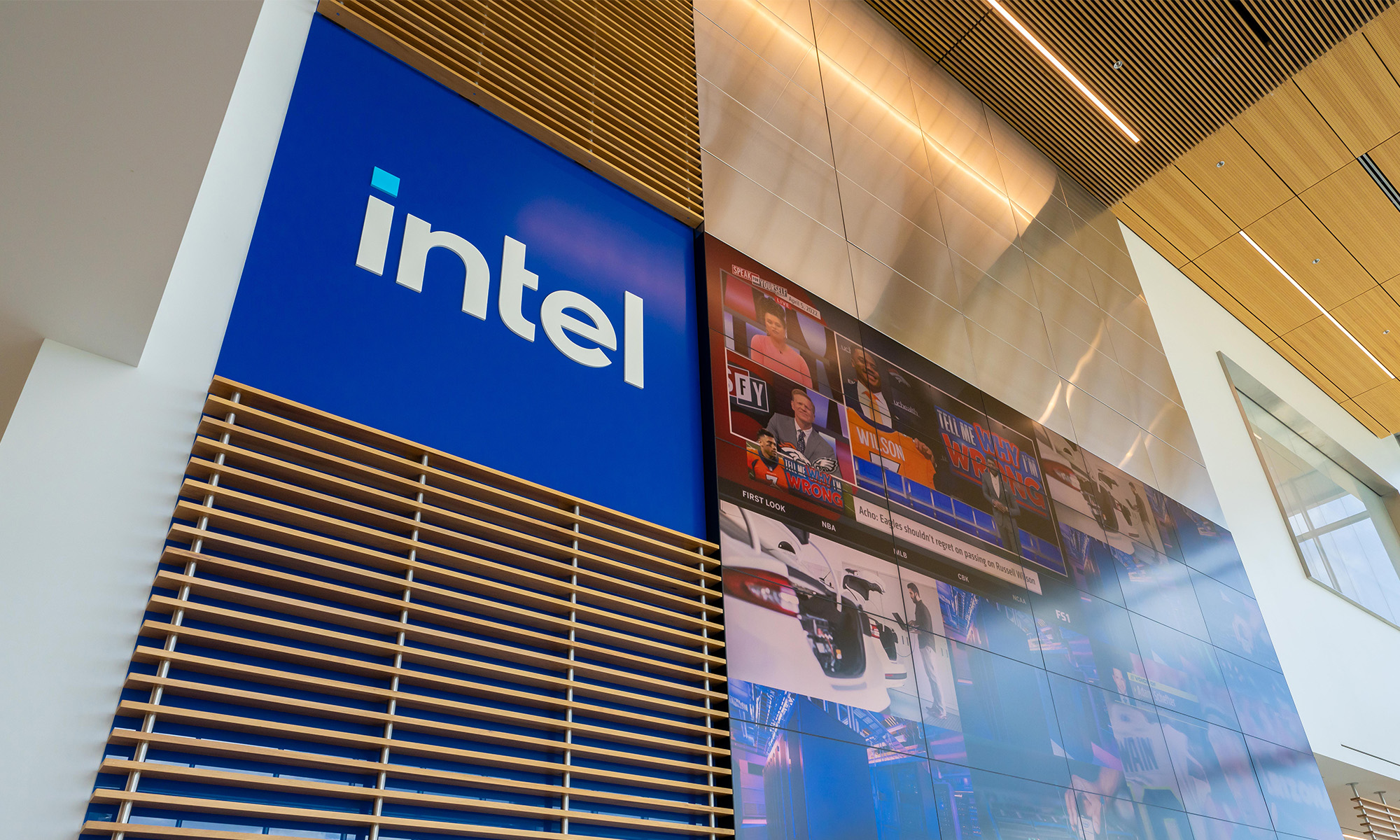 Intel logo inside a building.