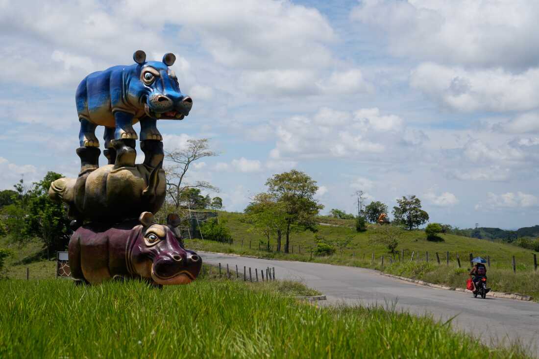 A stack of three hippo statues stands at Hacienda Nápoles Park, once the private estate of drug kingpin Pablo Escobar, in Puerto Triunfo, Colombia.