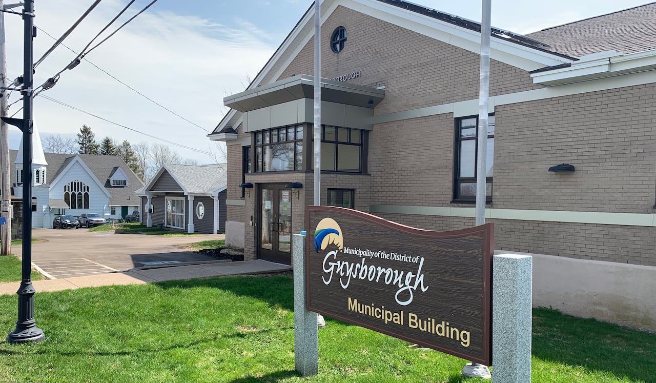 A one-storey grey brick building with a sign in front.