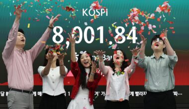 Officials celebrate KOSPI breaching the unprecedented 8,000 points mark at a dealing room in Hana Bank, Seoul, Friday. Yonhap