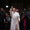 Pope Leo XIV leaves at the end of a meeting for peace at Saint Joseph's Cathedral in Bamenda, Cameroon, with the local community, April 16, 2026, on the fourth day of his 11-day pastoral visit to Africa.