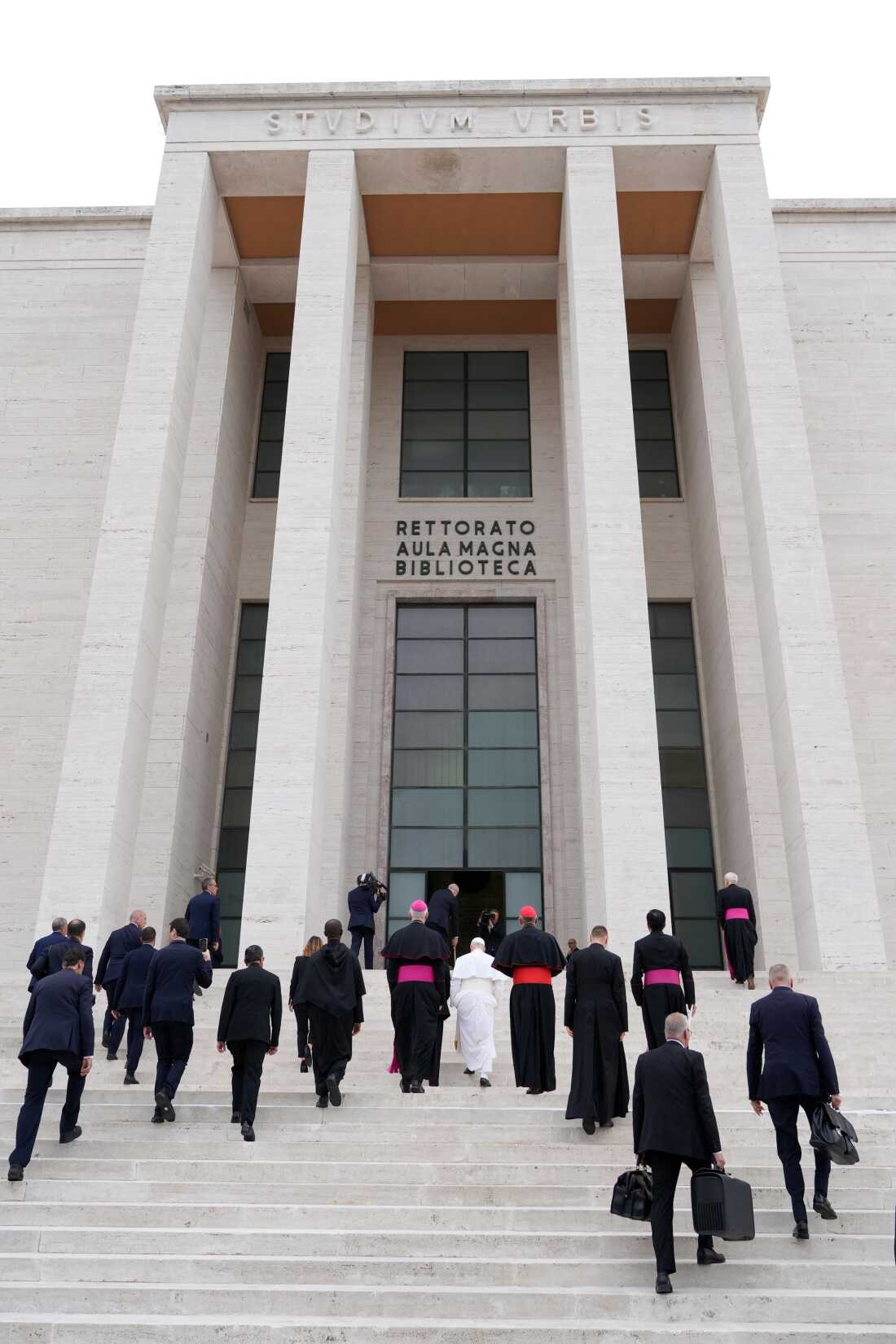 Pope Leo XIV visits the Città Universitaria (University City) at Sapienza University of Rome to meet with faculty and students at the institution's primary campus, one of the world's oldest and largest universities, Thursday, May 14, 2026.