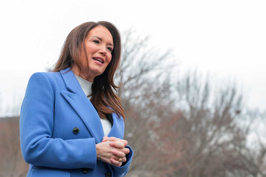 Agriculture Secretary Brooke Rollins speaks to reporters outside of the White House on Feb. 12.