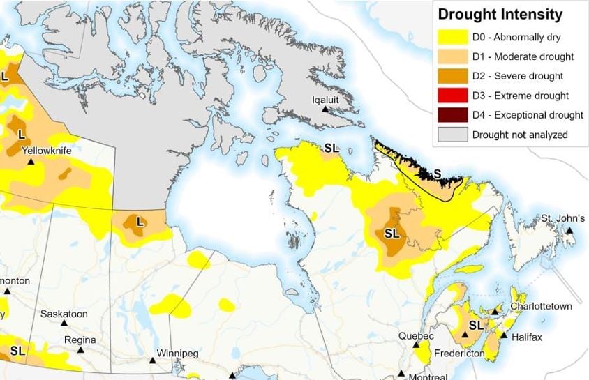 A graphic showing New Brunswick with beige and yellow markings that represent moderate drought and abnormally dry conditions on a scale from no drought to exceptional drought.