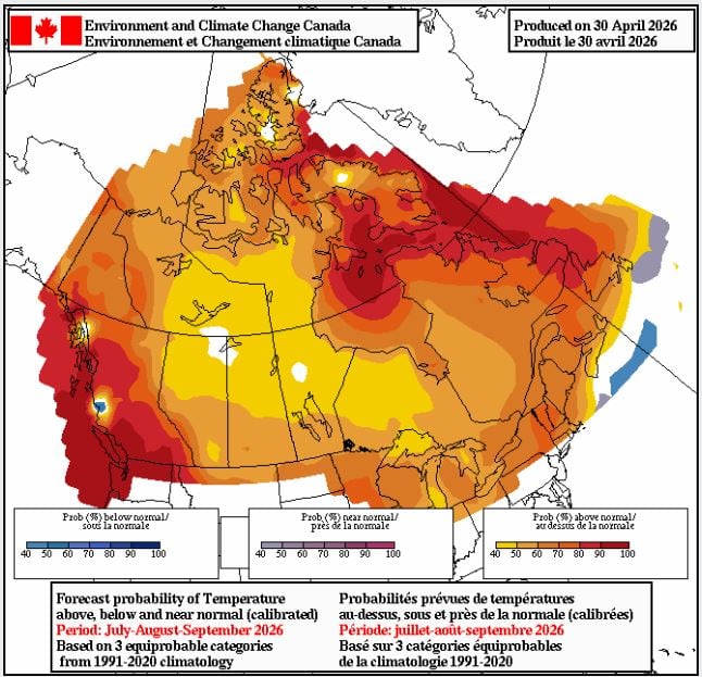 A graphic showing yellow, orange and red across Canada depicting temperature forecasts for the country.