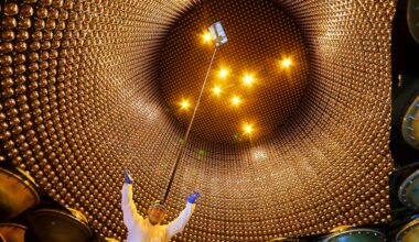 Inside of the tank of Super-Kamiokande, the world