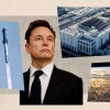 This collage shows photos of a SpaceX Starship spacecraft taking flight, Elon Musk, a data center in California and the International Space Station above Earth. Many of the photos are in the shapes of parallelograms or trapezoids.