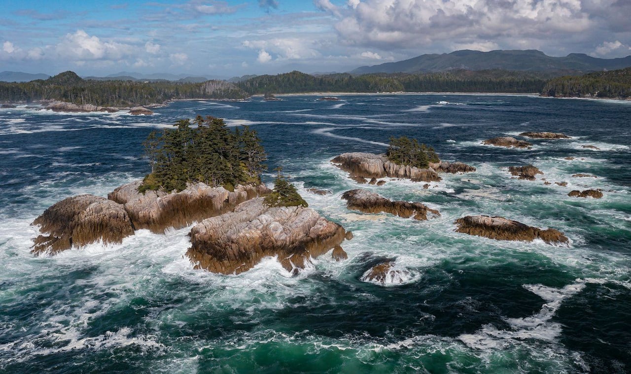 An aerial shot of some small islands.