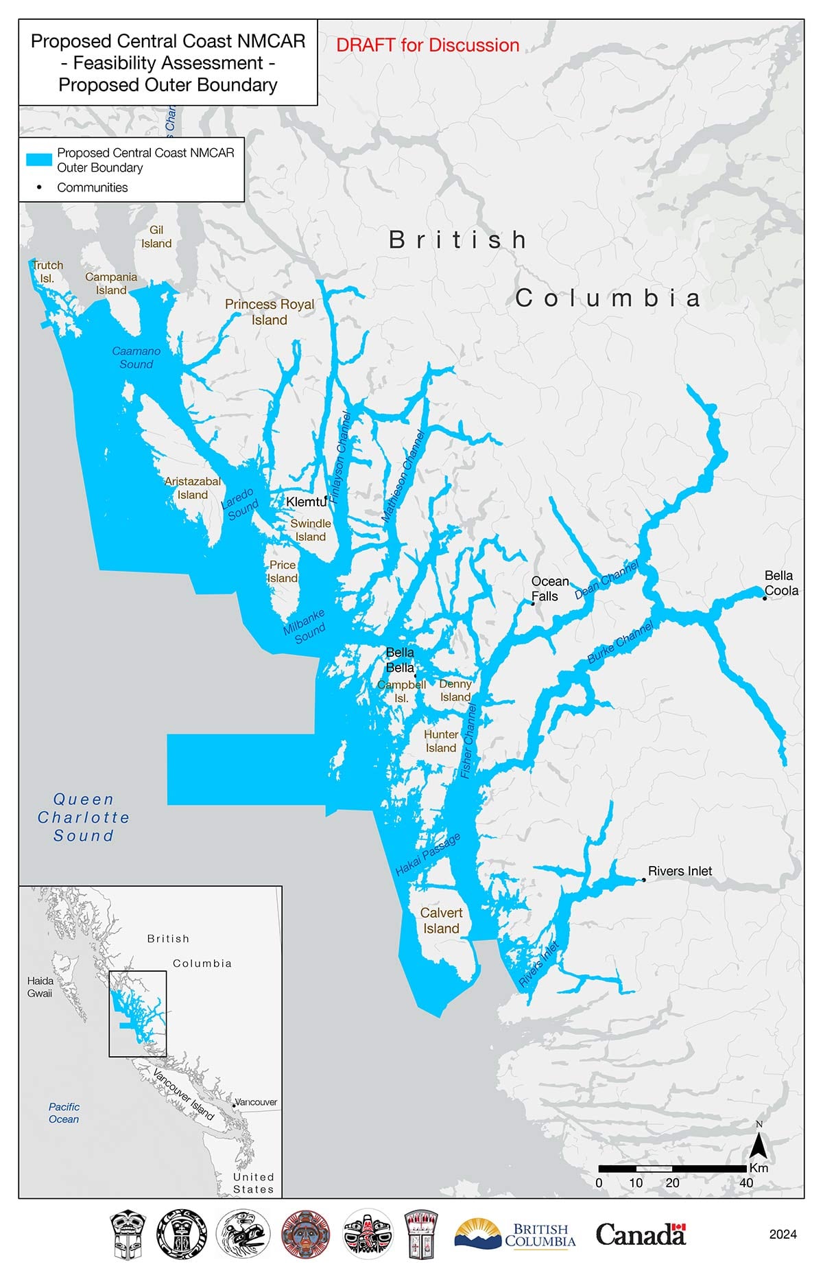 This map is centered on the Central Coast region of British Columbia, Canada.  The map area extends from the south end of Banks Island and Gil Island in the north, south to the northern tip of Vancouver Island.