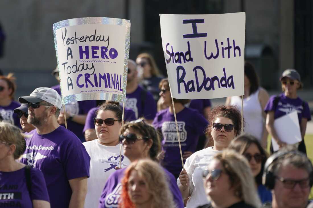 Nurses demonstrated outside the Nashville, Tenn. courthouse during the sentencing hearing for RaDonda Vaught on May 13, 2022.