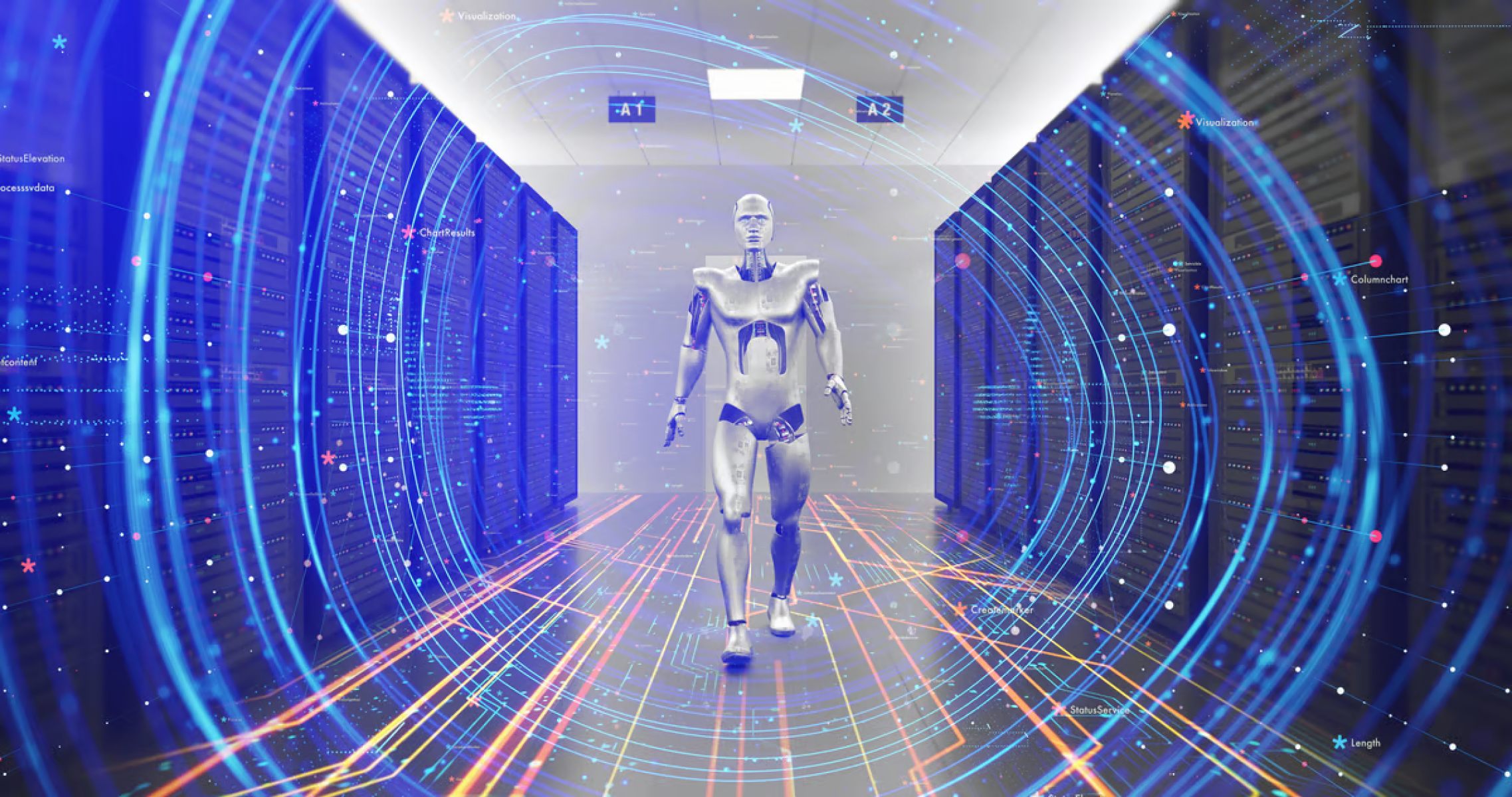 A humanoid robot walking in an AI data center.