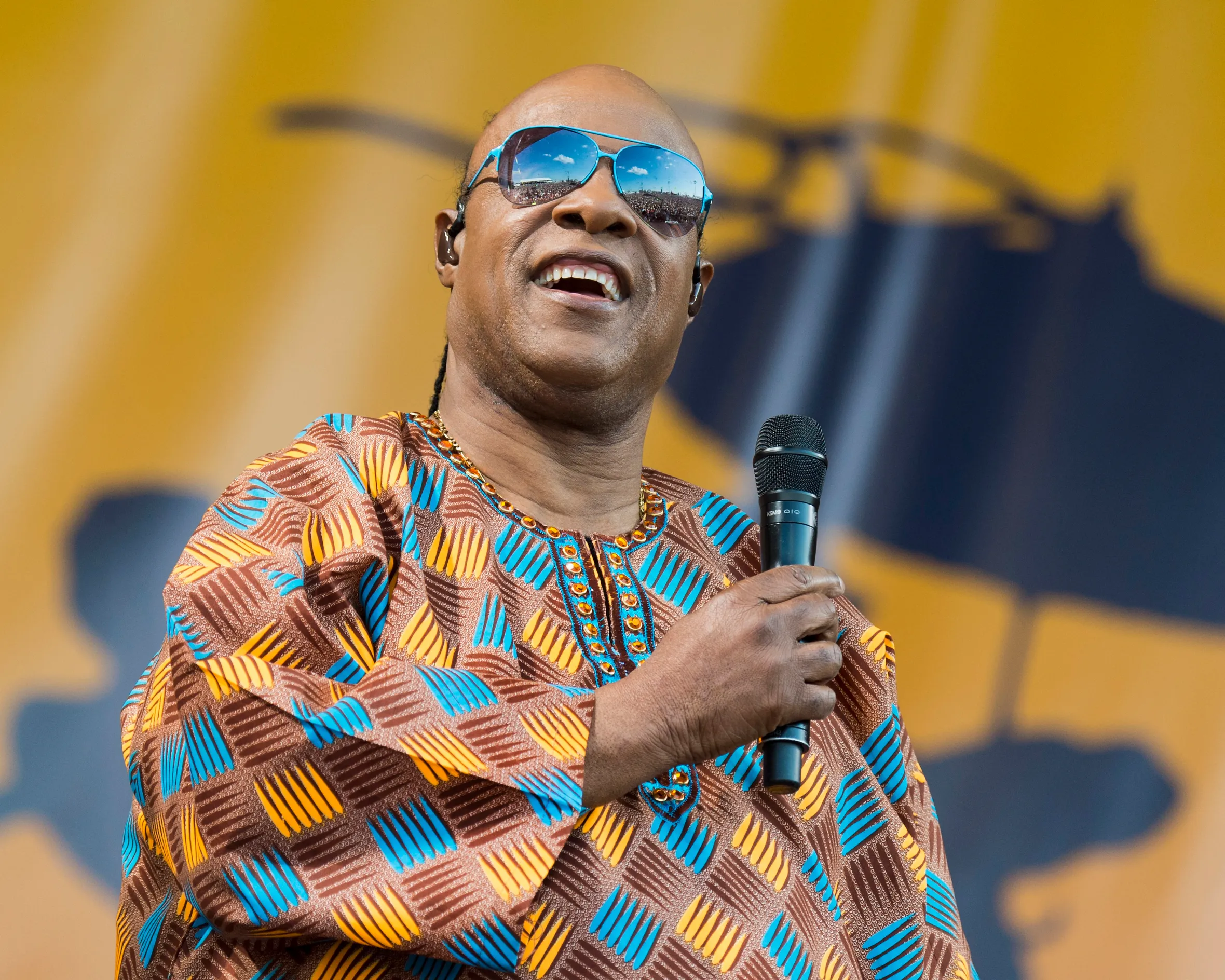 Stevie Wonder performing at the 2017 New Orleans Jazz & Heritage Festival.