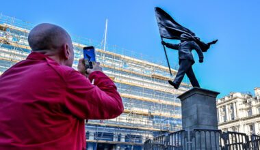 Banksy unveils a new statue in central London of a man blinded by a flag