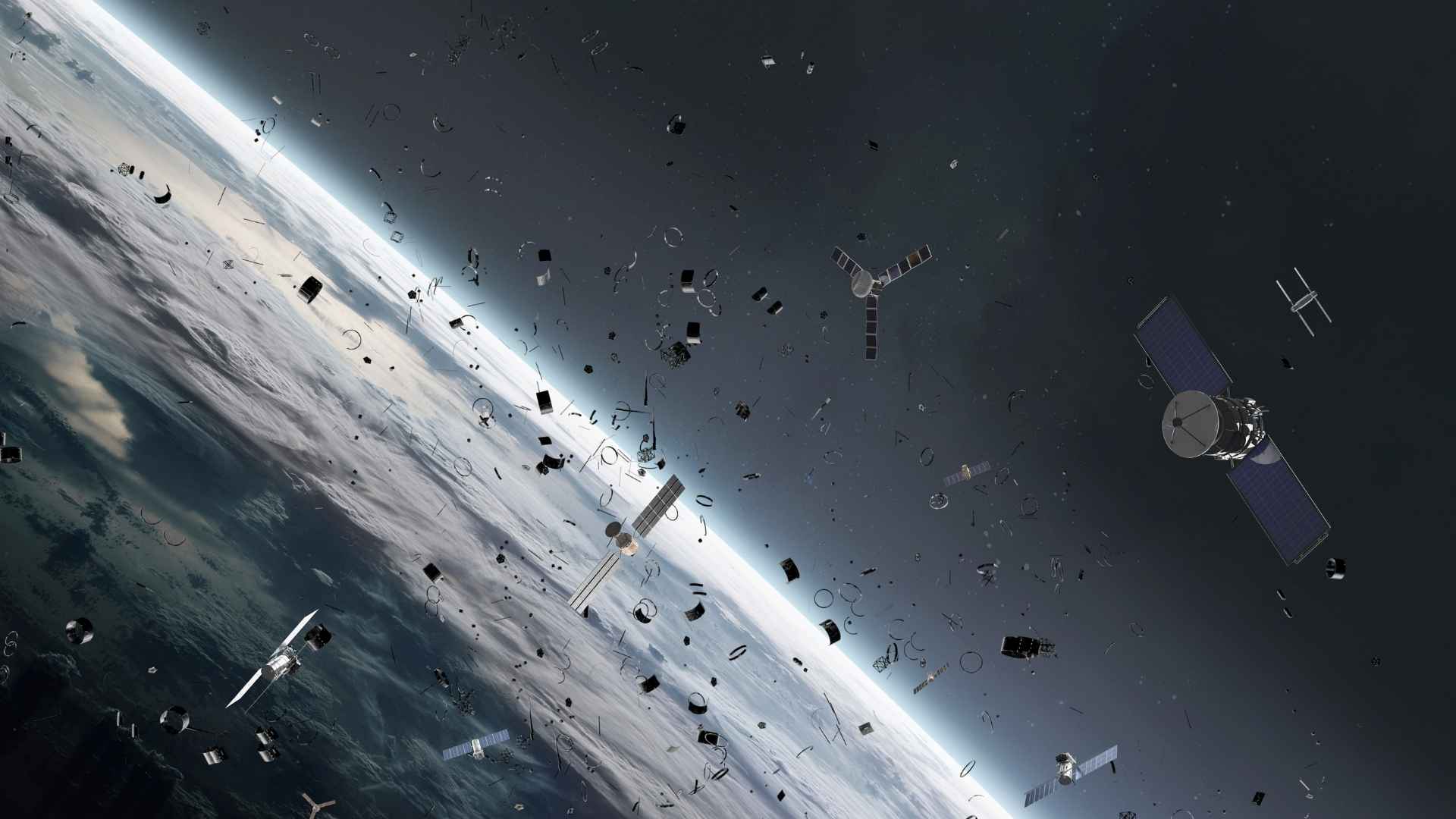 3D illustration of the problem of pollution of the Earth's orbit by debris, junk and satellites 