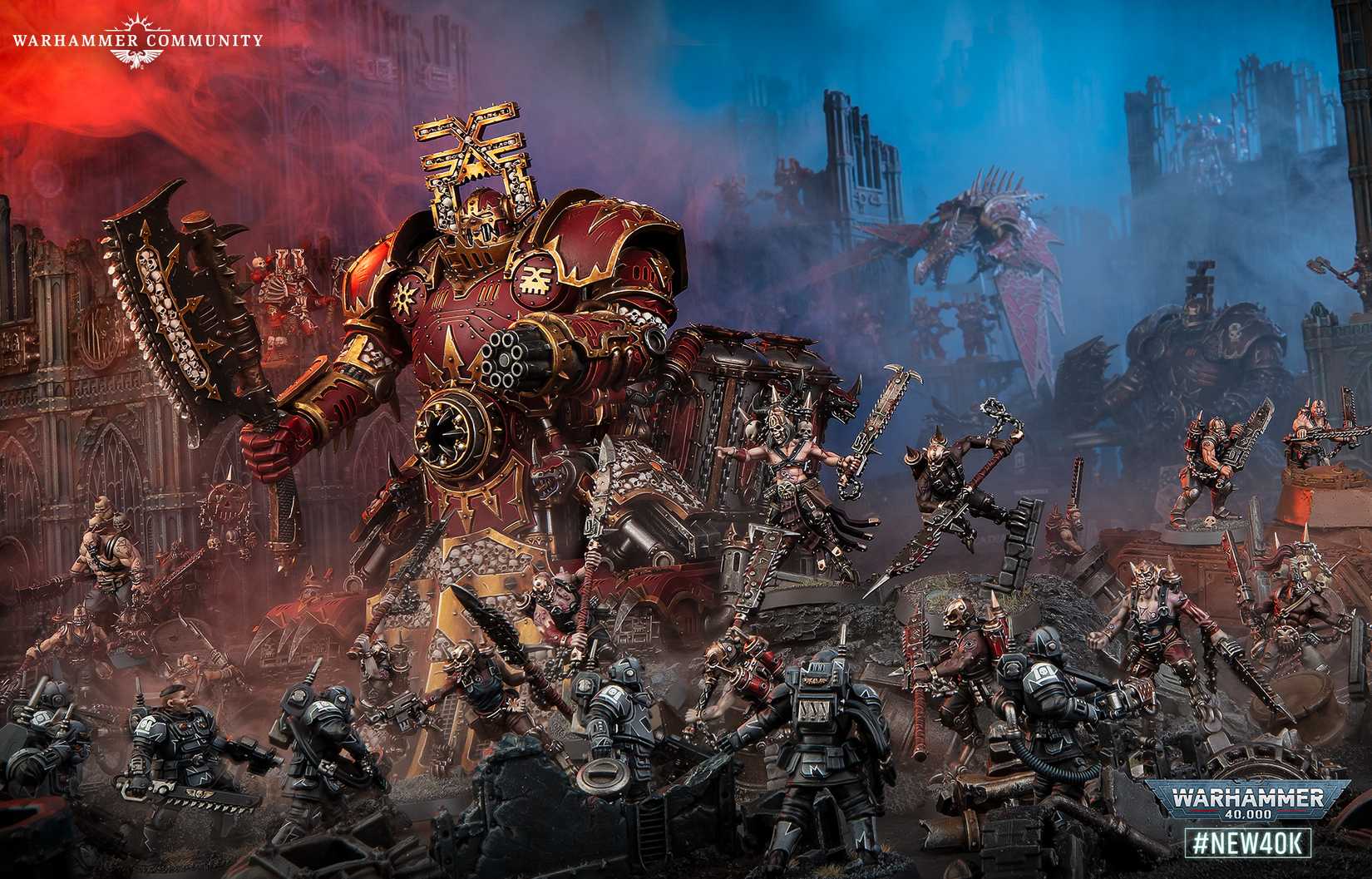 Two Warhammer 40,000 forces clash against a stylized background.