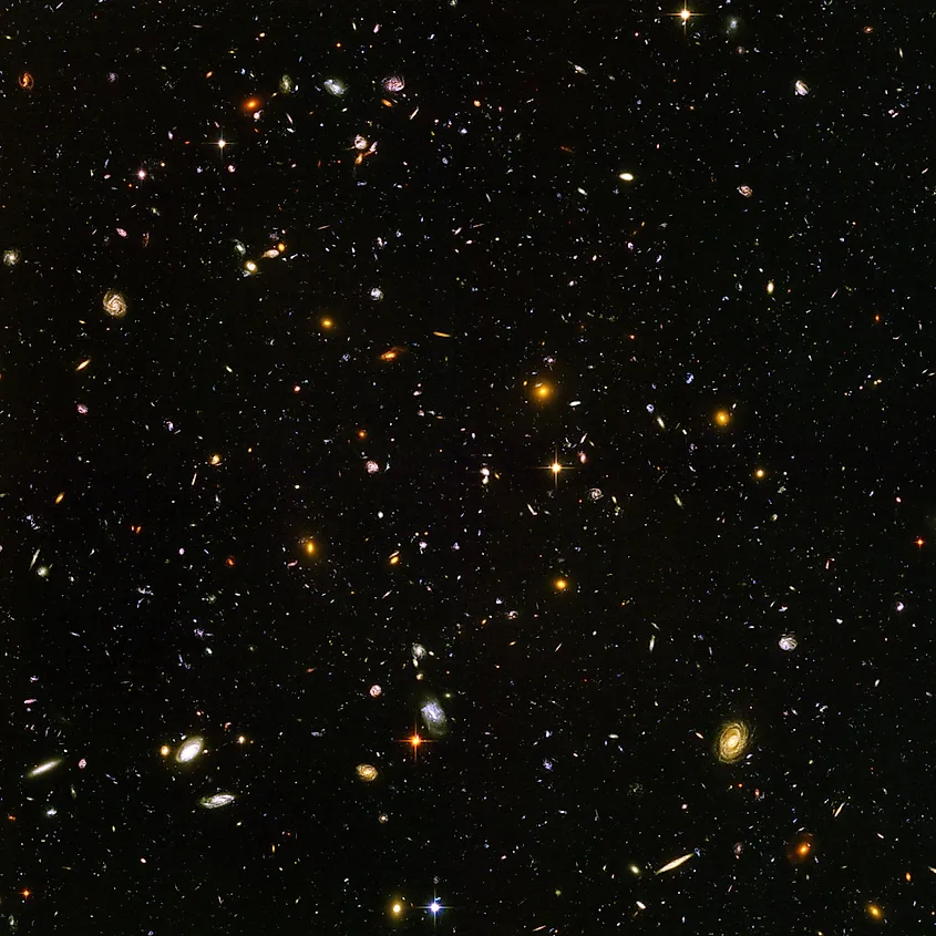 The Hubble Deep Field, showing thousands of distant galaxies.