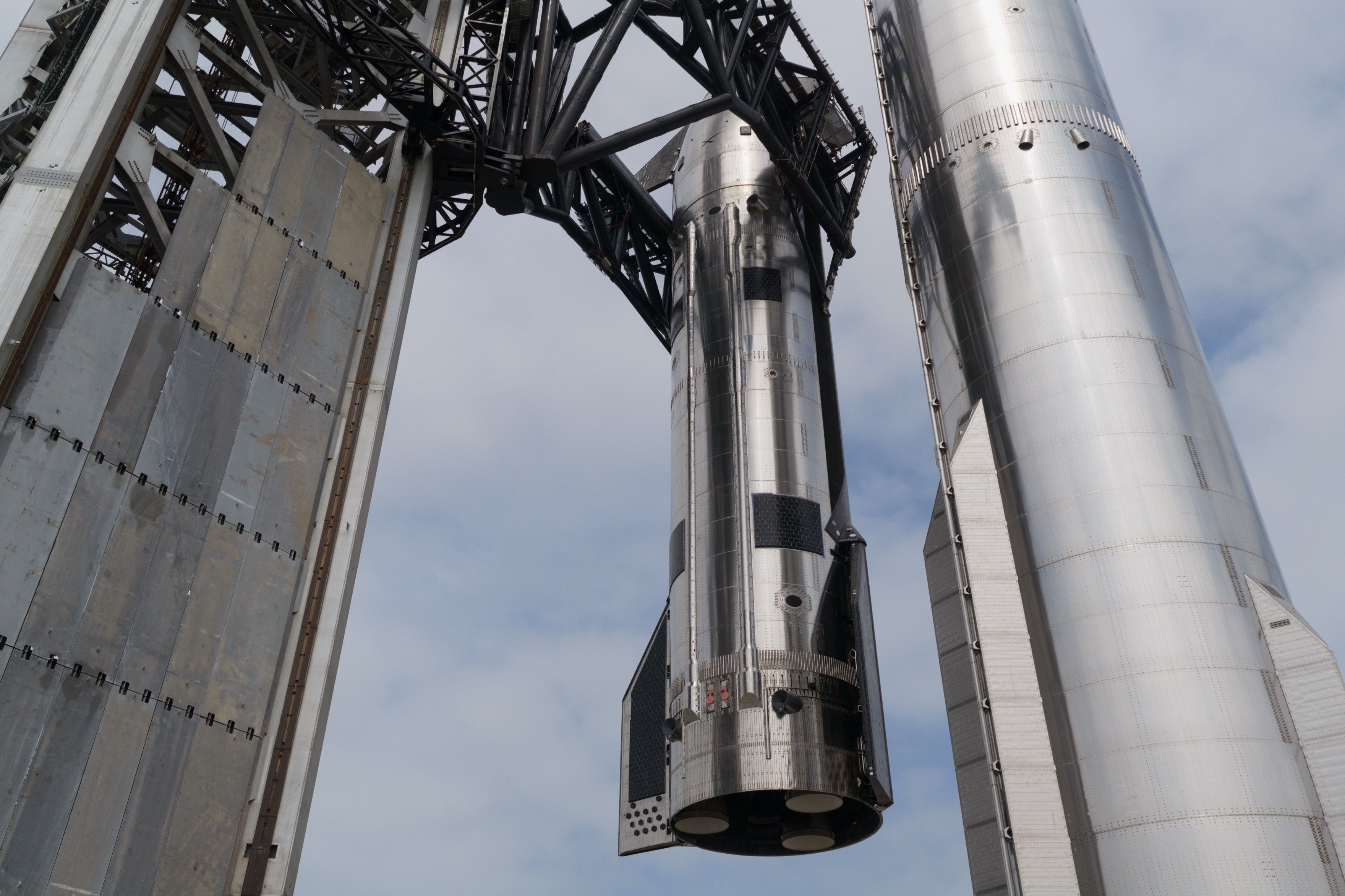 SpaceX stacks its first V3 Starship vehicle on the pad at Starbase, Texas, ahead of its debut flight. SpaceX posted this photo on X on May 19, 2026.