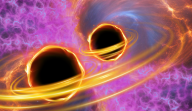 Two black circles surrounded by golden swirls. The background is pink, blue and fuzzy-looking.