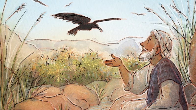 An illustration shows a raven bringing Elijah food.