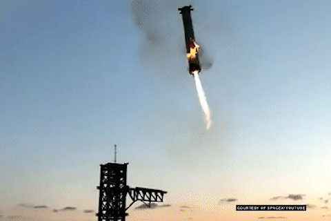 A SpaceX rocket launching and falling back to Earth with visible flames and smoke, with a launch tower on the left.