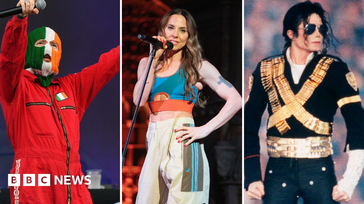 A composite of three pictures. First on the left is DJ Próvaí from Kneecap onstage in a red boiler suit and wearing a balaclava in the colours of the Irish flag. In the middle is Melanie C performing on stage. She is wearing a blue crop top and grey and blue tracksuit bottoms. On the right is Michael Jackson performing at the Superbowl in 1993. He is wearing a black jacket and trousers, with lots of gold detailing across his chest and waist.